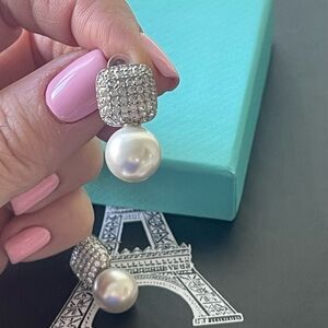 Pearl silver stud earrings cluster crystal